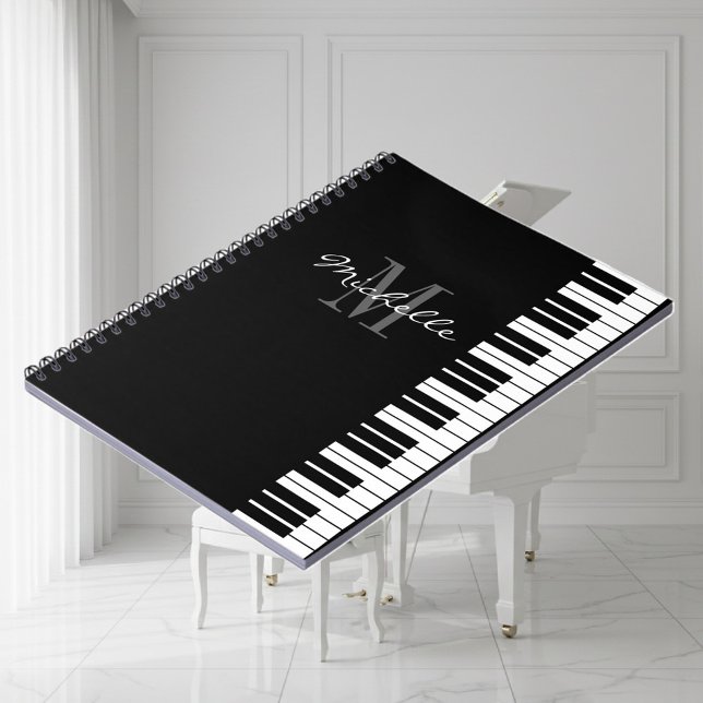 Caderno Espiral O piano preto e branco do monograma fecha o (piano notebook)