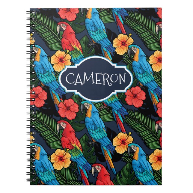 Caderno Espiral O teste padrão | do Macaw e do hibiscus adiciona (Frente)