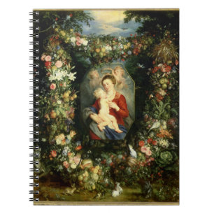 Caderno Espiral O Virgin e a criança em uma festão da fruta e do