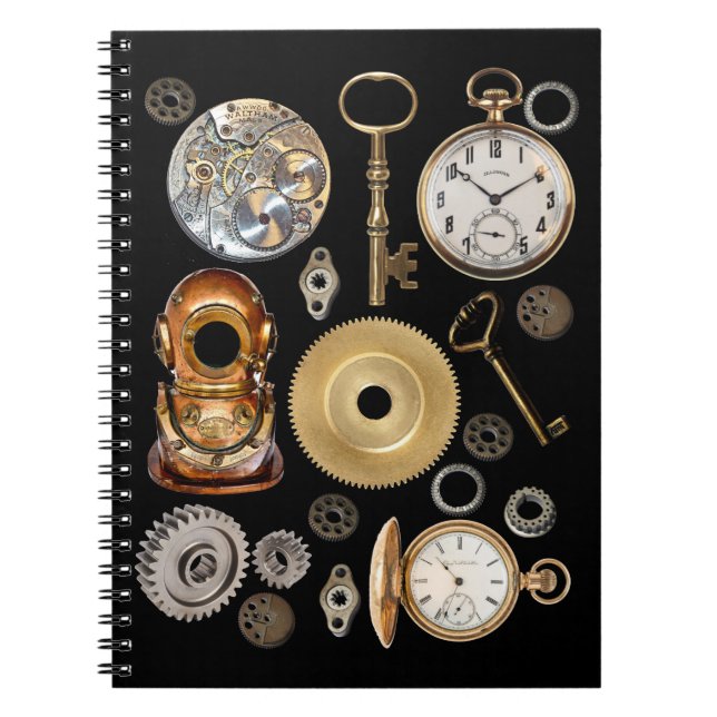 Caderno Espiral Objetos Steampunk Gears Pocket Watch Skeletch Key (Frente)