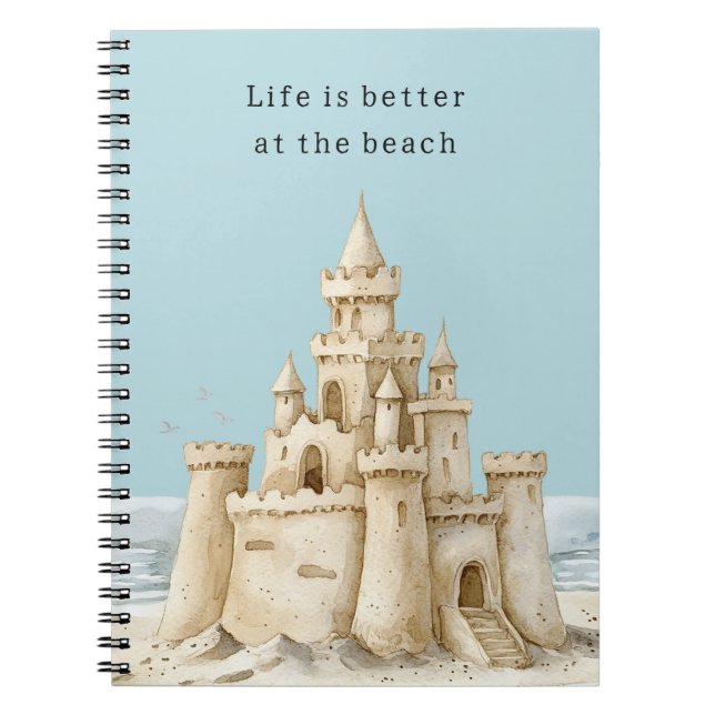 Caderno Espiral Ocean Beach Birds Blue Sky Cream Sand Castle (Frente)
