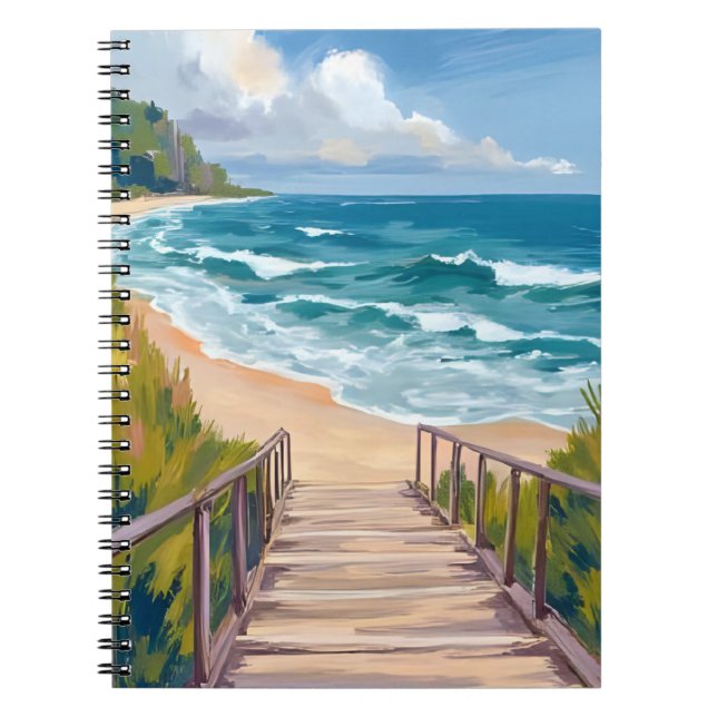 Caderno Espiral Ocean Boardwalk | Beach Waves Coastal (Frente)