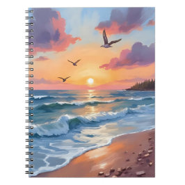 Caderno Espiral Ocean Waves Sunset | Oil Painting Coastal Beach