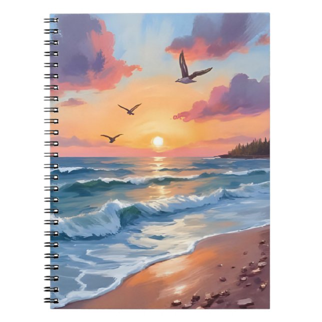 Caderno Espiral Ocean Waves Sunset | Oil Painting Coastal Beach (Frente)