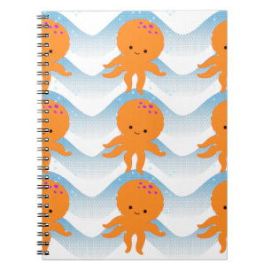 Caderno Espiral Octopus Laranja E Padrão De Ondas Azuis