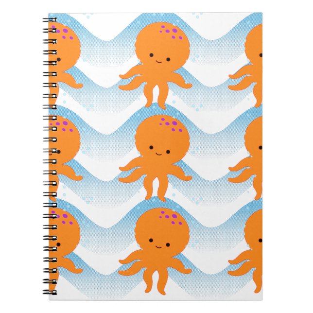 Caderno Espiral Octopus Laranja E Padrão De Ondas Azuis (Frente)