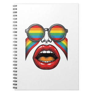 Caderno Espiral Óculos de Sol Arco-íris Retrô Lábios Rosto Design 