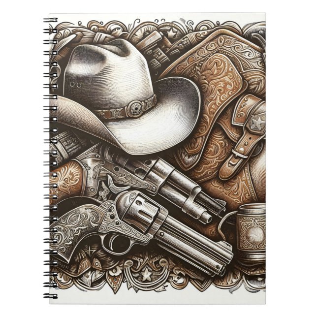 Caderno Espiral Oeste Selvagem com Chapéu e Armas de Cowboy (Frente)