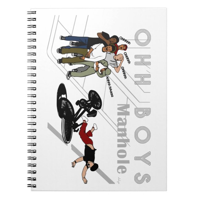 Caderno Espiral OHH BOYS - Homem na bicicleta bate em um gabinete  (Frente)