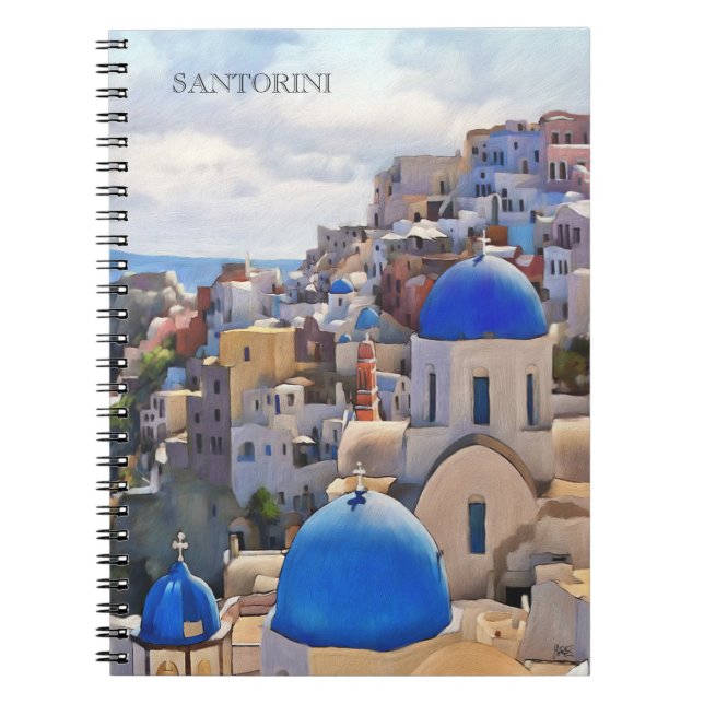 Caderno Espiral Oia, Santorini. Grécia.Pintura a óleo. Bloco de no (Frente)