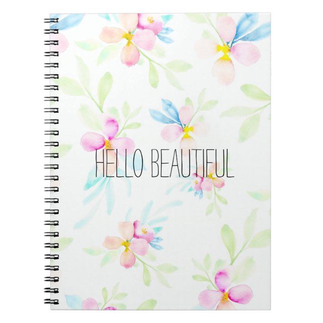 Caderno Espiral Olá! aguarela cor-de-rosa bonita floral (Frente)