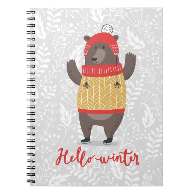Caderno Espiral Olá Winter Season Saudando Urso de Ilustração (Frente)