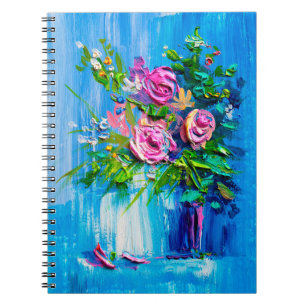 Caderno Espiral Óleo pintando um buquê de rosas. Impressionista em