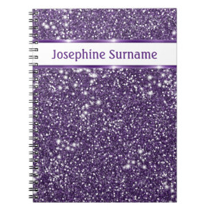 Caderno Espiral Olhar de textura de glitter roxo falso com texto p