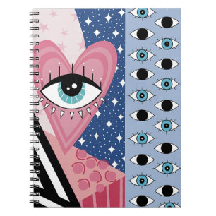 Caderno Espiral Olho Mau Místico Coração Pop Art Retro Celestial