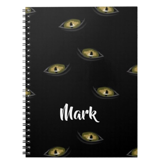 Caderno Espiral Olhos de gato de nome personalizado em preto (Frente)