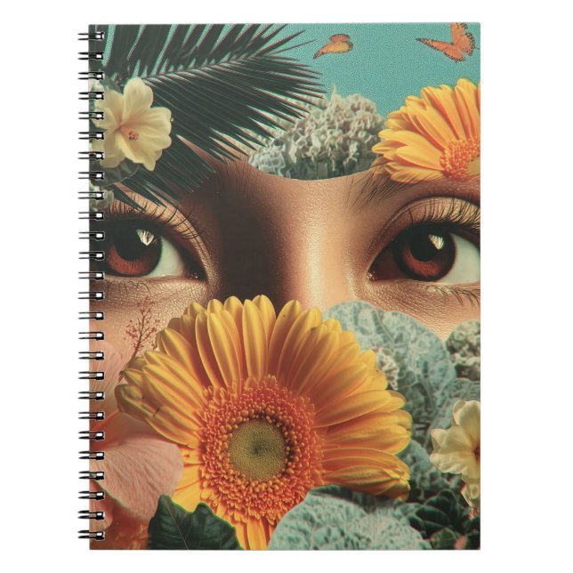 Caderno Espiral Olhos Surreais e Flores com Borboletas (Frente)
