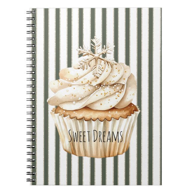Caderno Espiral Olive Cream Stripes Snowflake Cupcake Christmas (Frente)