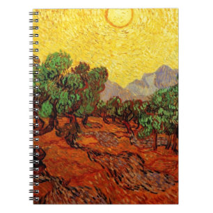 Caderno Espiral Oliveiras com céu amarelo e sol