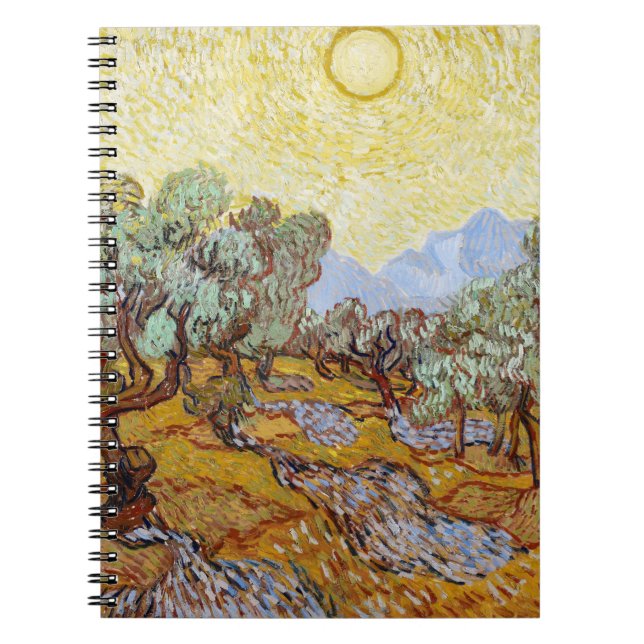 Caderno Espiral Oliveiras com céu amarelo e sol (Frente)