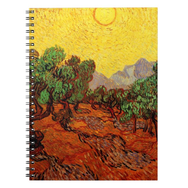 Caderno Espiral Oliveiras com céu amarelo e sol de Van Gogh (Frente)