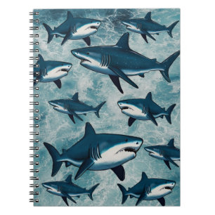 Caderno Espiral Onda de Verão do Oceano Azul Verde tubarão peixe