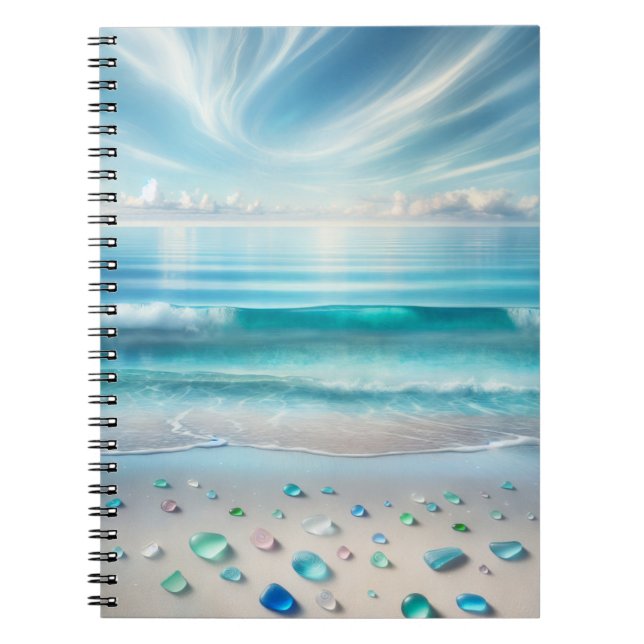 Caderno Espiral Ondas bonito do Oceano Azul e Vidro do Mar (Frente)