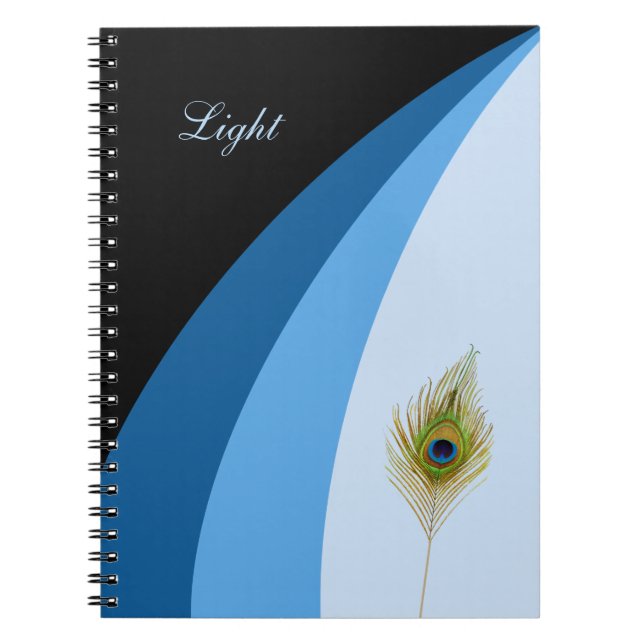 Caderno Espiral Ondas de abstrato em tons azuis e penas de pavão (Frente)