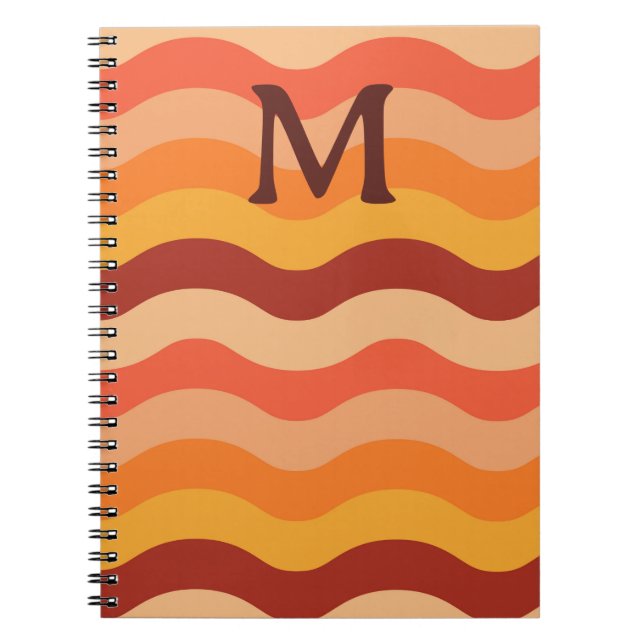 Caderno Espiral Ondas de abstrato retrô laranja e amarelo monogram (Frente)