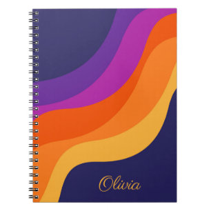 Caderno Espiral Ondas diagonais cor de laranja púrpura e amarela