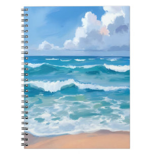 Caderno Espiral Ondas do Oceano Azul Aquarela do Mar da Praia