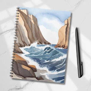 Caderno Espiral Ondas do Oceano Batendo Aquarela de Praia Costei