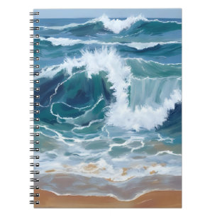 Caderno Espiral Ondas do Oceano em Fúria Aquarela Azul Costeira
