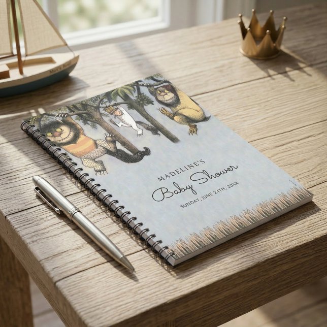 Caderno Espiral Onde as coisas selvagens são Chás de fraldas (Generated image of notebook on small table)