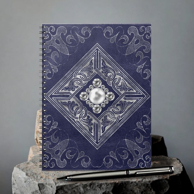 Caderno Espiral Opulência Azul e Prateada | Barroco Ornamentado (Criador carregado)
