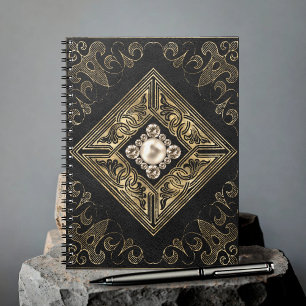 Caderno Espiral Opulsão do ornamentado   Flourado negro e Dourado