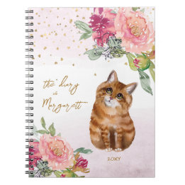 Caderno Espiral Orange Cat Illustration Flowers Girl Daily Diary