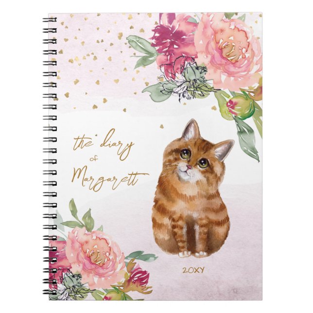 Caderno Espiral Orange Cat Illustration Flowers Girl Daily Diary (Frente)