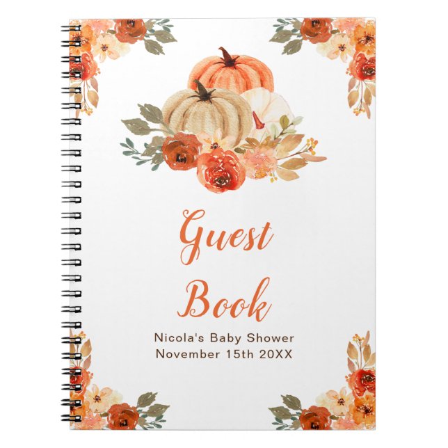 Caderno Espiral Orange Floral Pumpkin Baby Shower Guest Book (Frente)