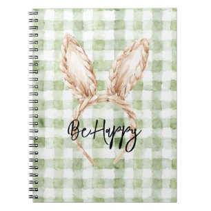 Caderno Espiral Orelhas de Coelho Xadrez Verde Branco Seja Feliz