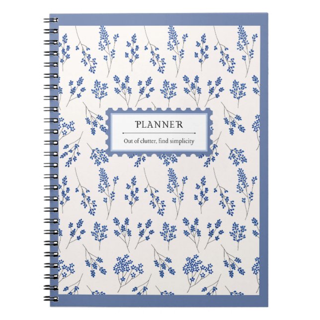 Caderno Espiral Organizar Padrão Floral Elegante De Creme Azul (Frente)