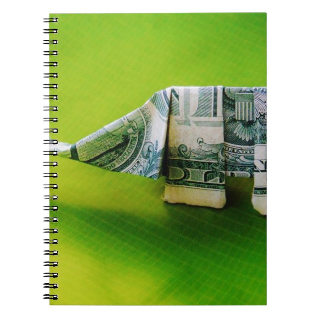 Caderno Espiral Origami de lei de dólar Elefante em fundo verde (Frente)