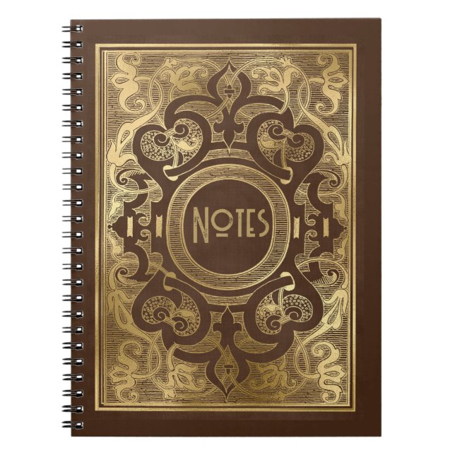 Caderno Espiral Ornamentado Castanho e Quadro Dourado (Frente)