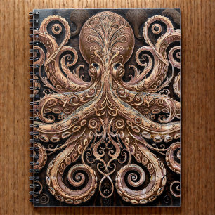 Caderno Espiral Ornamentado de polvo Kraken Steampunk Dourado e pr