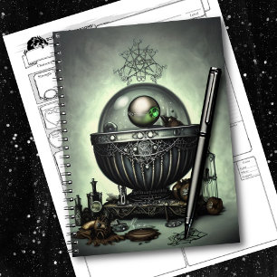 Caderno Espiral Ornamentado Steampunk Cauldron e Itens Mágicos em 