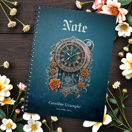 Caderno Espiral Ornamentado Steampunk Clock com Rosas.
