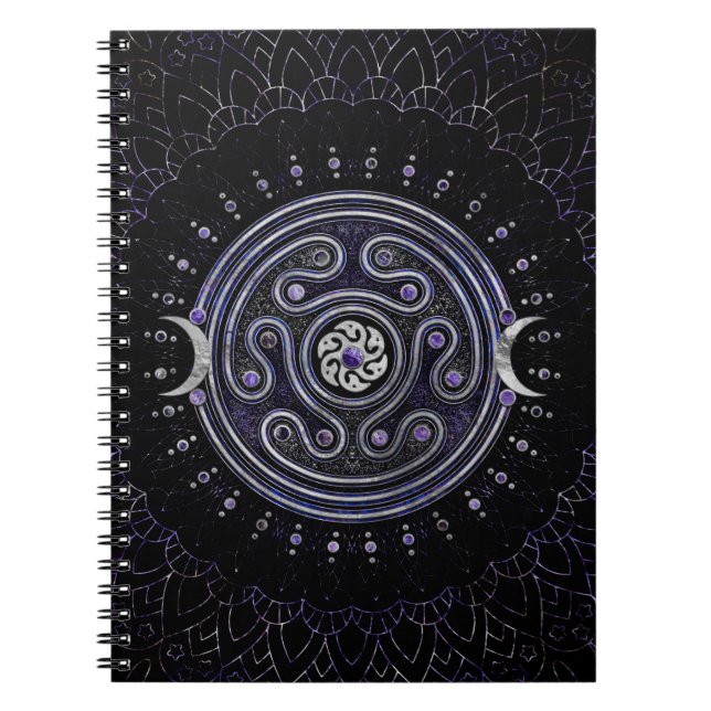 Caderno Espiral Ornamento de Hecate Wheel com Ametist e Prata (Frente)