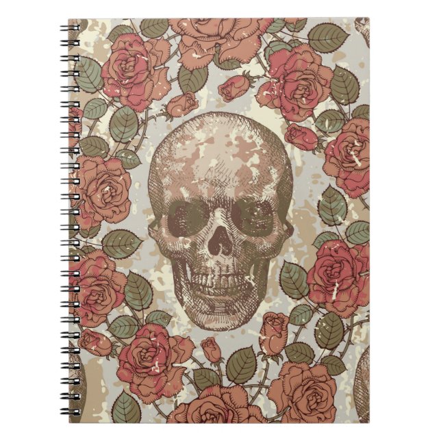Caderno Espiral ornamento sem costura em estilo retrô com crânios  (Frente)