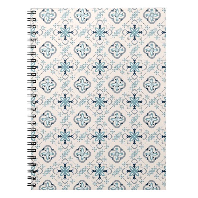 Caderno Espiral ornamentos marroquinos creme-azul na moda (Frente)