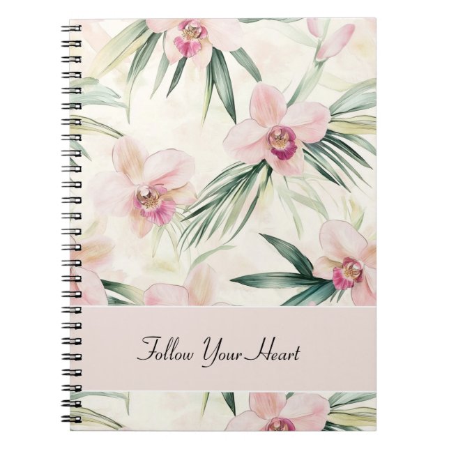 Caderno Espiral Orquídea Flores Coração Rosa Bege Verde (Frente)